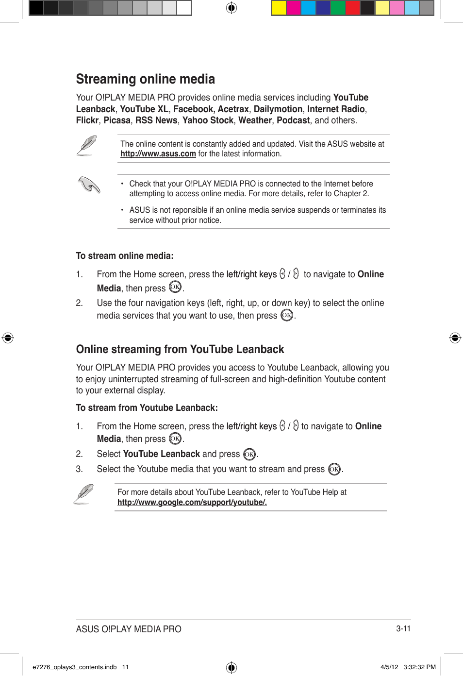 Streaming online media, Online streaming from youtube leanback | Asus O!Play Media Pro User Manual | Page 49 / 72