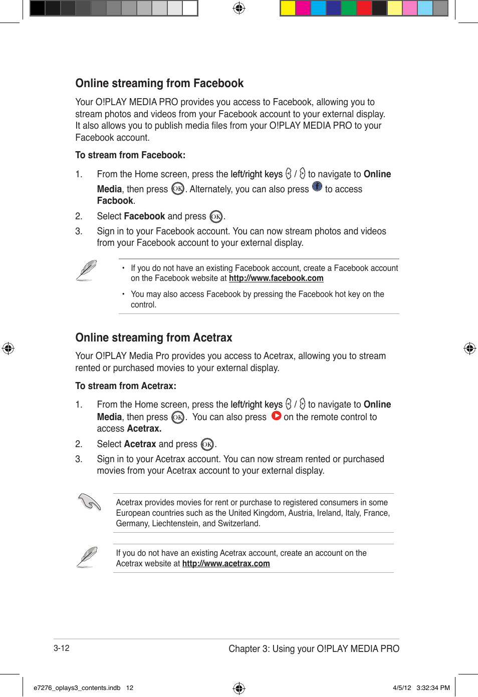 Online streaming from facebook, Online streaming from acetrax | Asus O!Play Media Pro User Manual | Page 50 / 72