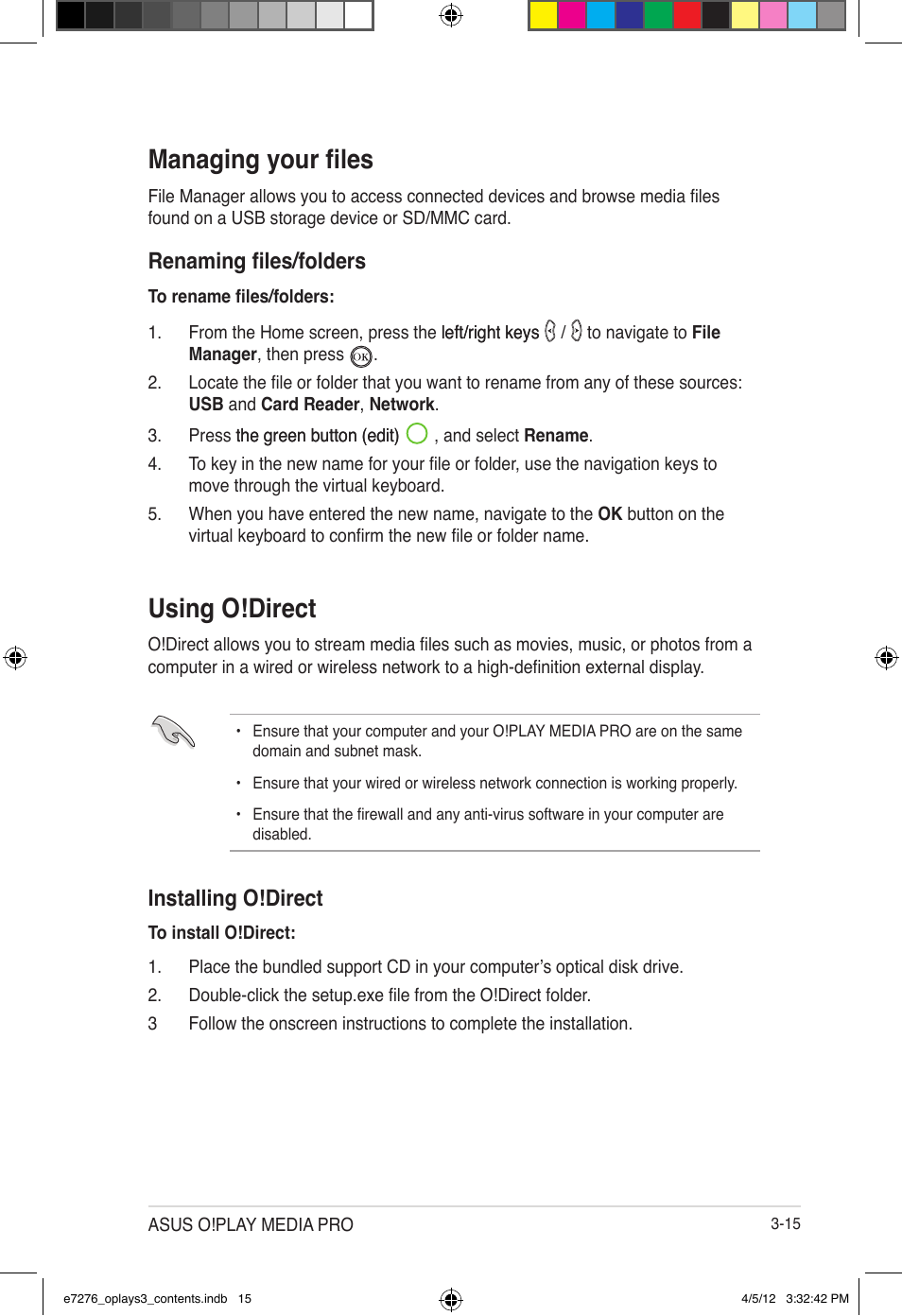 Managing your files, Using o!direct, Renaming files/folders | Installing o!direct | Asus O!Play Media Pro User Manual | Page 53 / 72