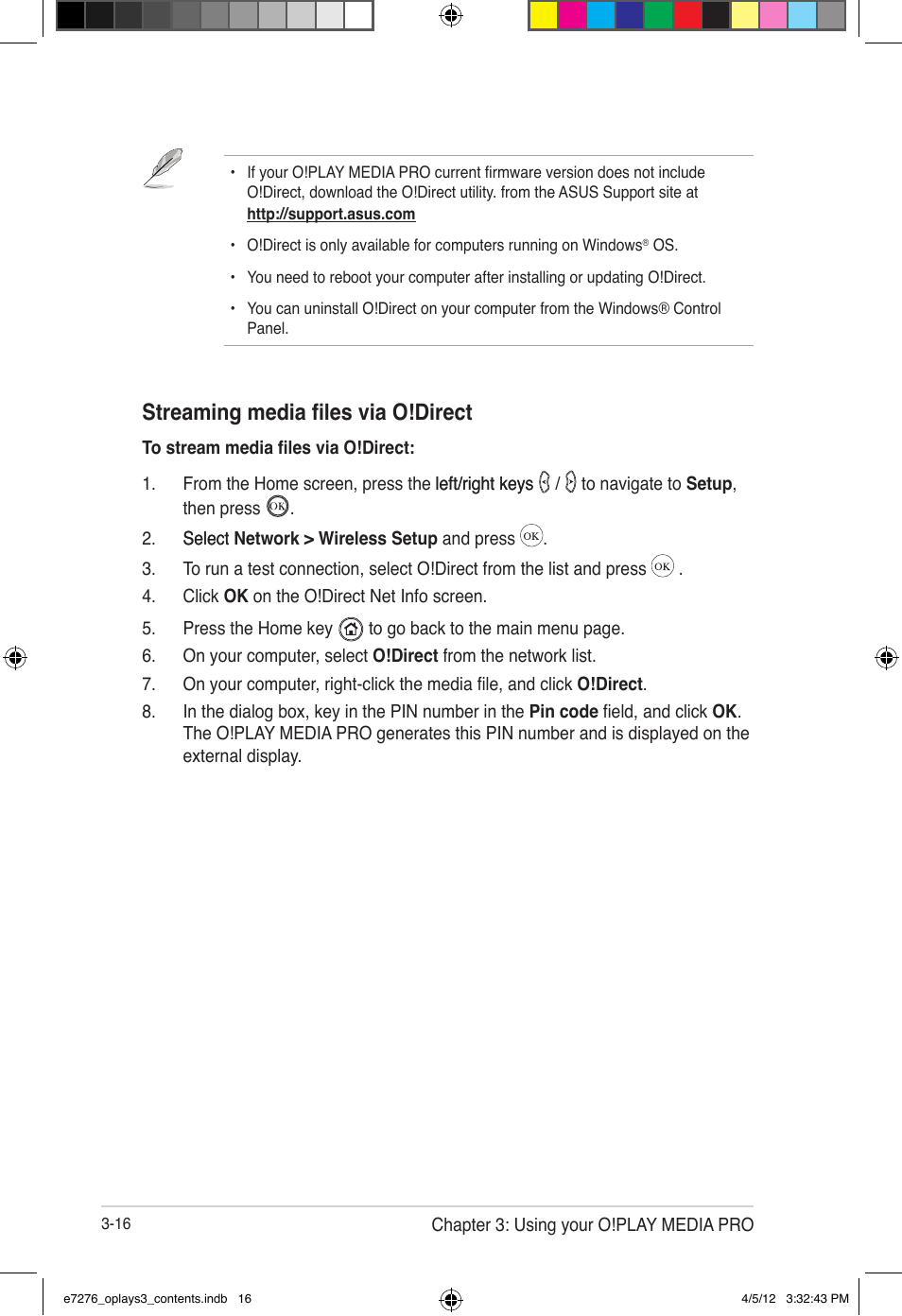 Streaming media files via o!direct | Asus O!Play Media Pro User Manual | Page 54 / 72