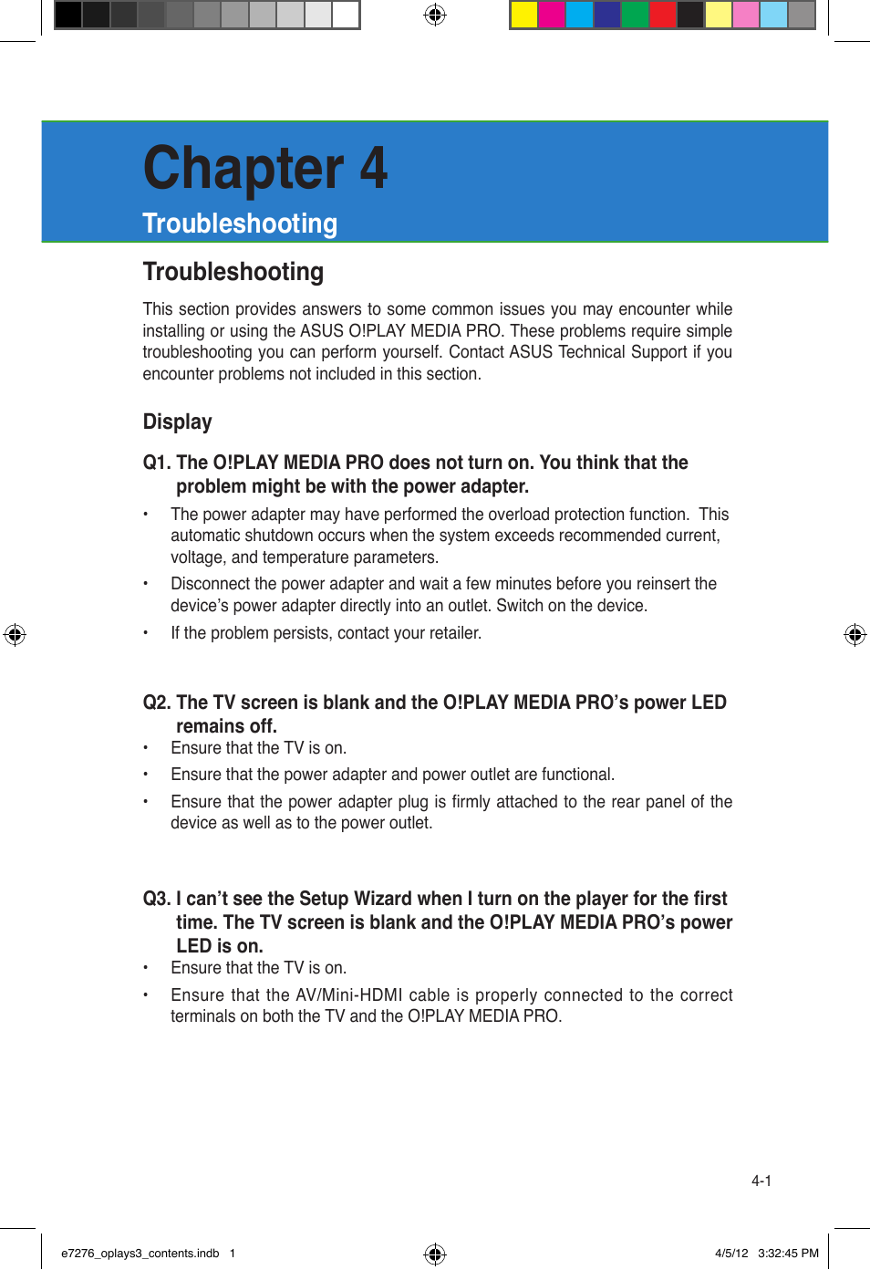 Chapter 4, Troubleshooting | Asus O!Play Media Pro User Manual | Page 57 / 72