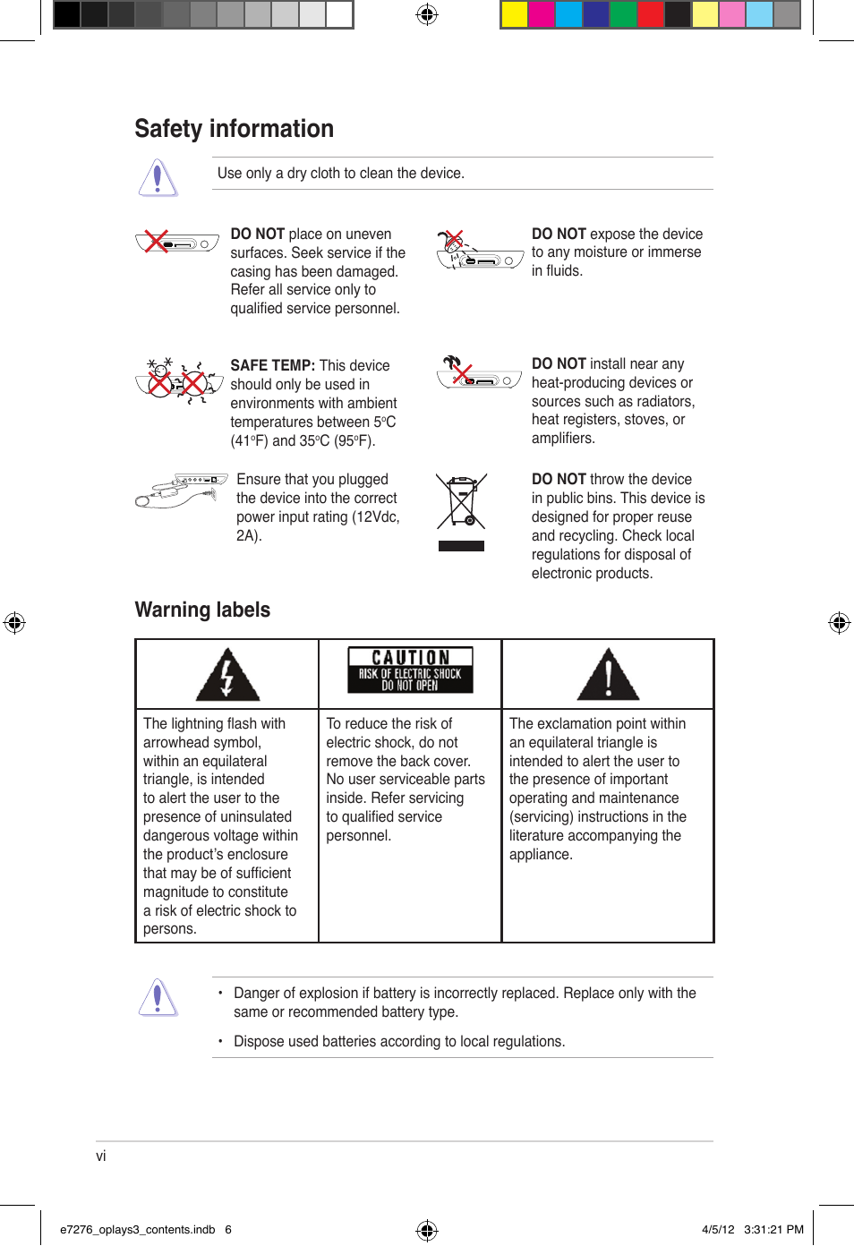 Safety information, Warning labels | Asus O!Play Media Pro User Manual | Page 6 / 72