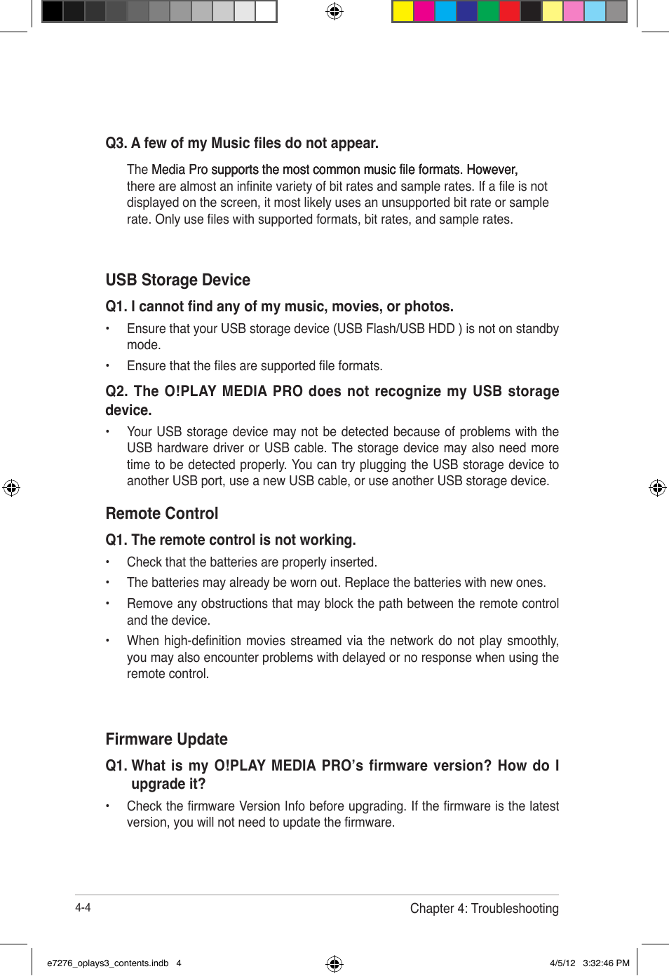Usb storage device, Remote control, Firmware update | Asus O!Play Media Pro User Manual | Page 60 / 72