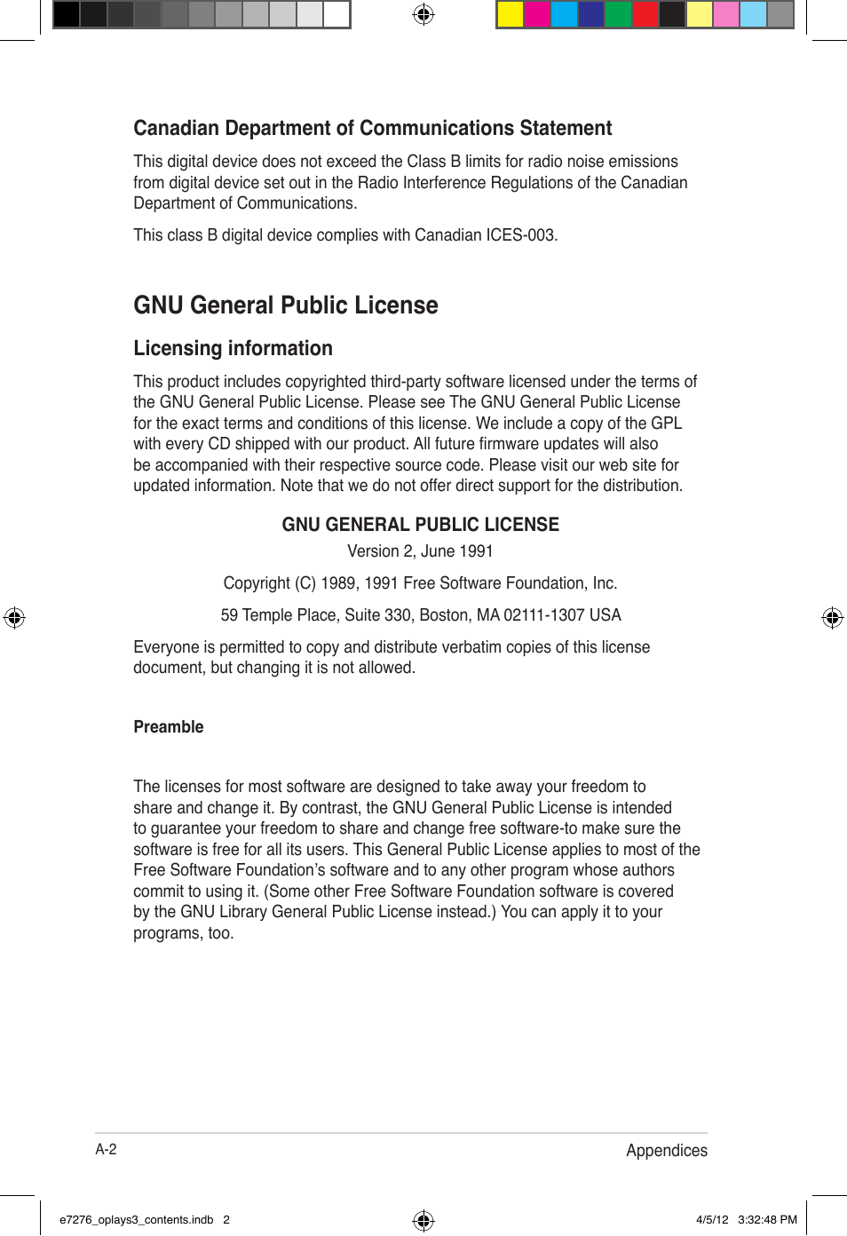 Gnu general public license, Canadian department of communications statement, Licensing information | Asus O!Play Media Pro User Manual | Page 66 / 72