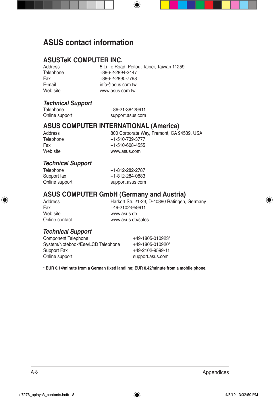 Asus contact information, Asustek computer inc, Asus computer international (america) | Asus computer gmbh (germany and austria), Technical support | Asus O!Play Media Pro User Manual | Page 72 / 72