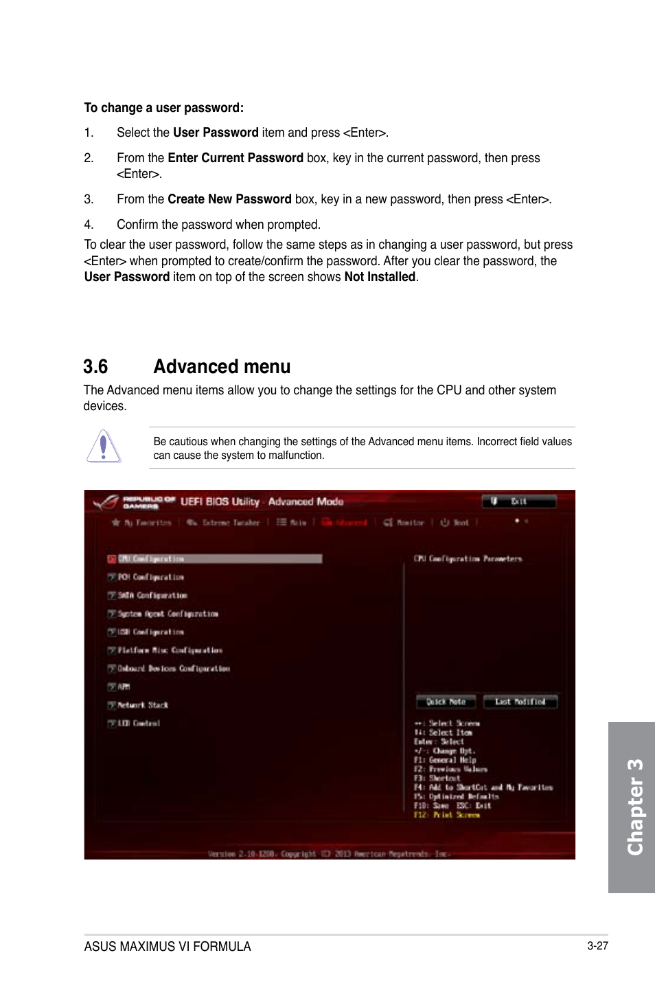 6 advanced menu, Advanced menu -27, Chapter 3 | Asus MAXIMUS VI FORMULA User Manual | Page 117 / 212