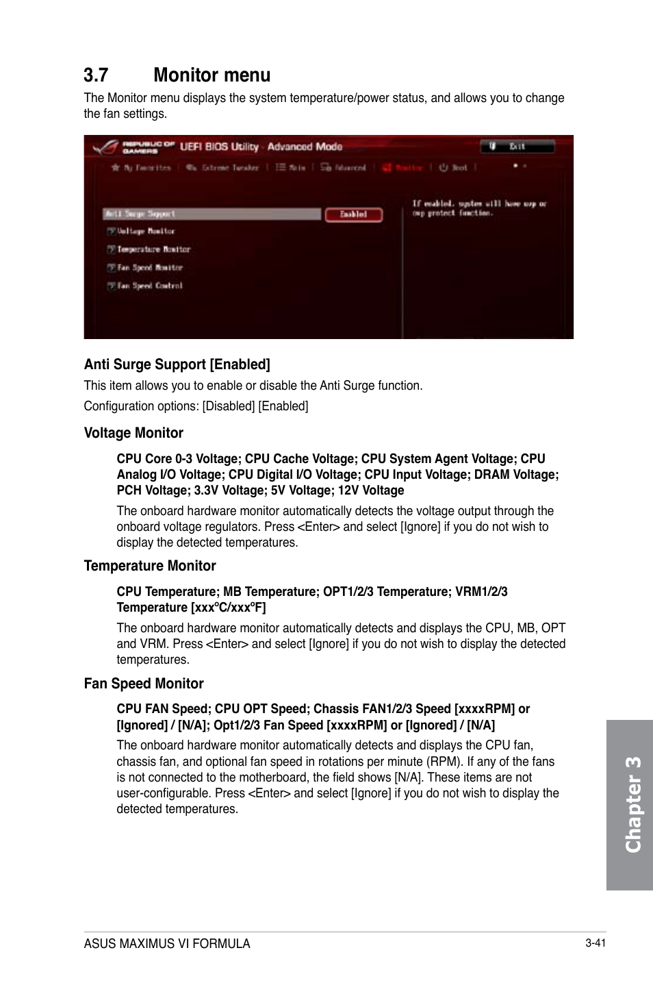 7 monitor menu, Monitor menu -41, Chapter 3 3.7 monitor menu | Asus MAXIMUS VI FORMULA User Manual | Page 131 / 212