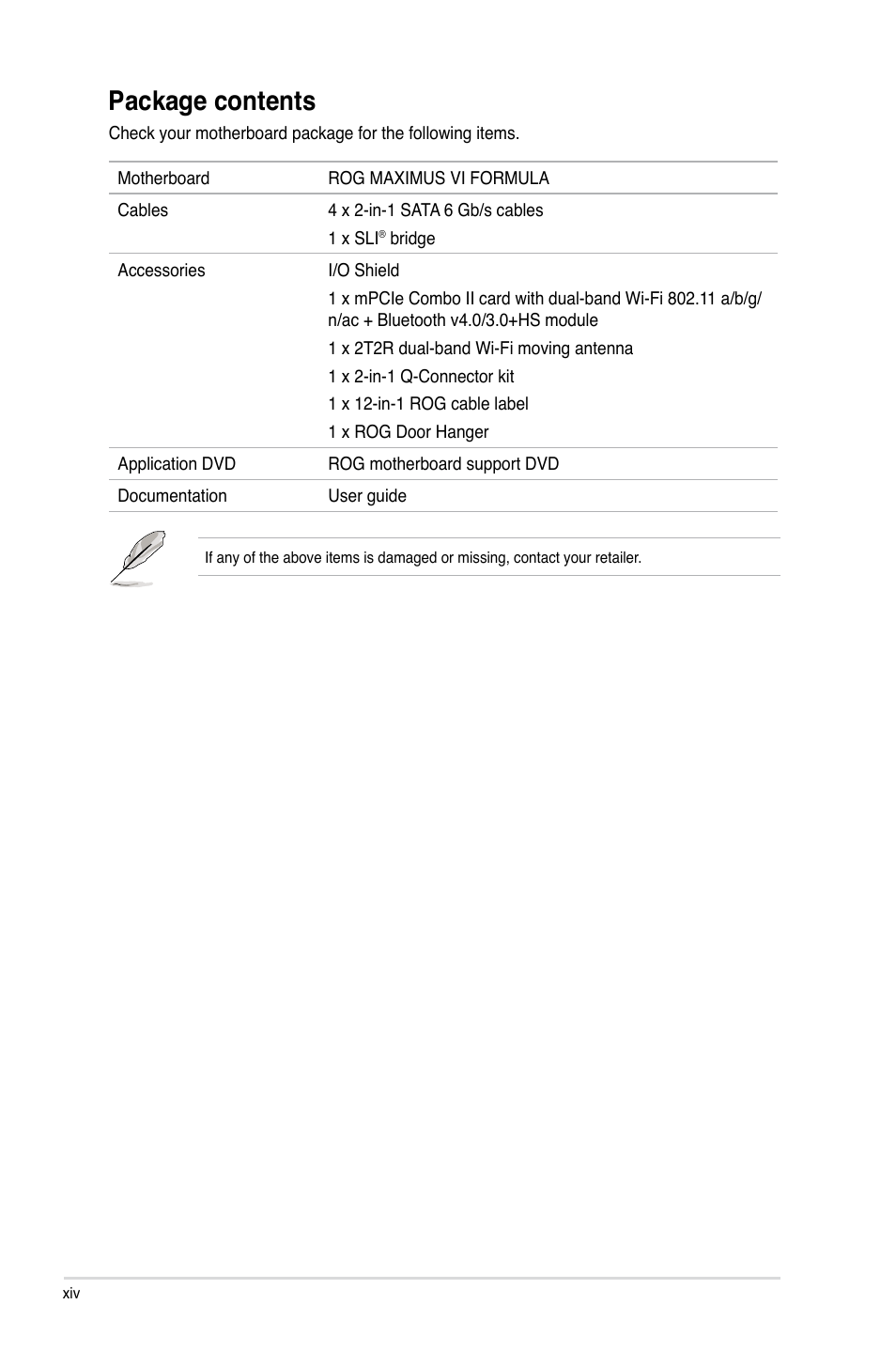 Package contents | Asus MAXIMUS VI FORMULA User Manual | Page 14 / 212