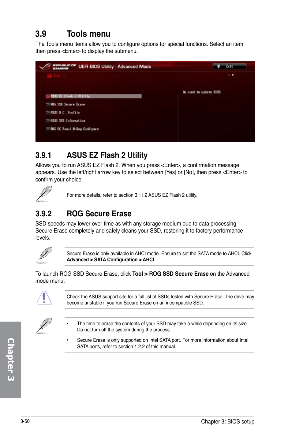 9 tools menu, 1 asus ez flash 2 utility, 2 rog secure erase | Tools menu -50 3.9.1, Asus ez flash 2 utility -50, Rog secure erase -50, Chapter 3 3.9 tools menu | Asus MAXIMUS VI FORMULA User Manual | Page 140 / 212