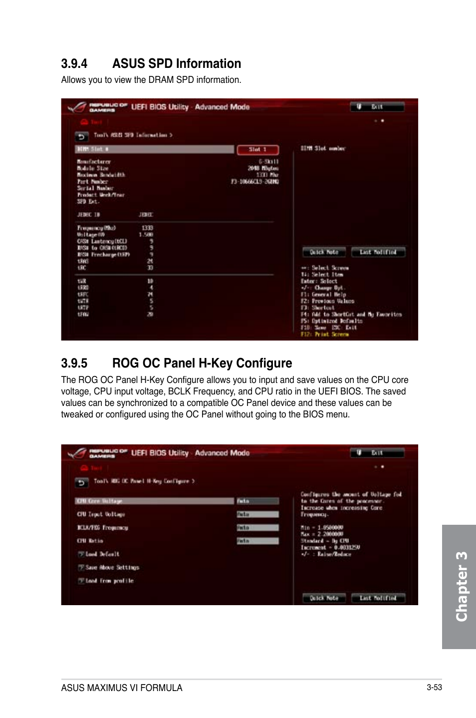 4 asus spd information, 5 rog oc panel h-key configure, Asus spd information -53 | Rog oc panel h-key configure -53, Chapter 3 | Asus MAXIMUS VI FORMULA User Manual | Page 143 / 212