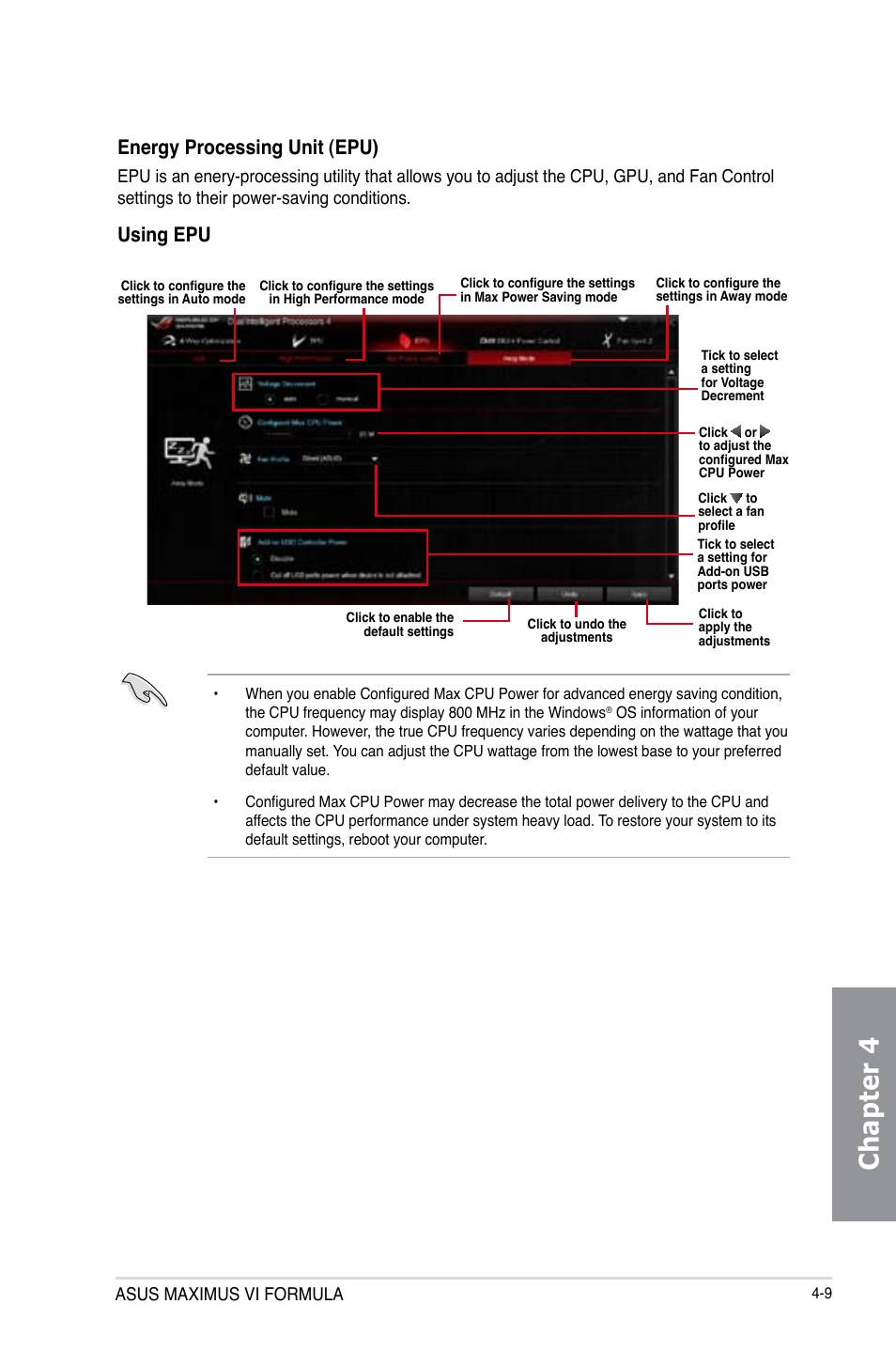 Chapter 4, Energy processing unit (epu), Using epu | Asus maximus vi formula | Asus MAXIMUS VI FORMULA User Manual | Page 161 / 212