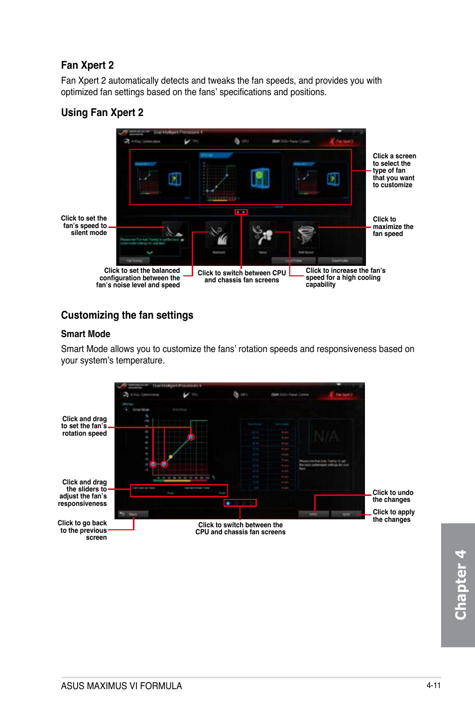 Chapter 4, Fan xpert 2, Using fan xpert 2 | Customizing the fan settings, Asus maximus vi formula | Asus MAXIMUS VI FORMULA User Manual | Page 163 / 212