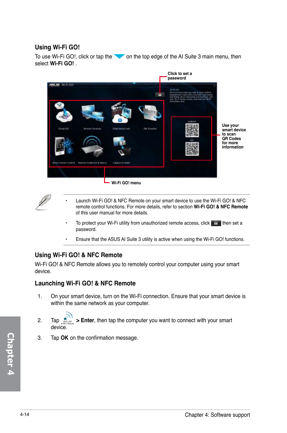 Chapter 4, Using wi-fi go, Using wi-fi go! & nfc remote | Launching wi-fi go! & nfc remote | Asus MAXIMUS VI FORMULA User Manual | Page 166 / 212