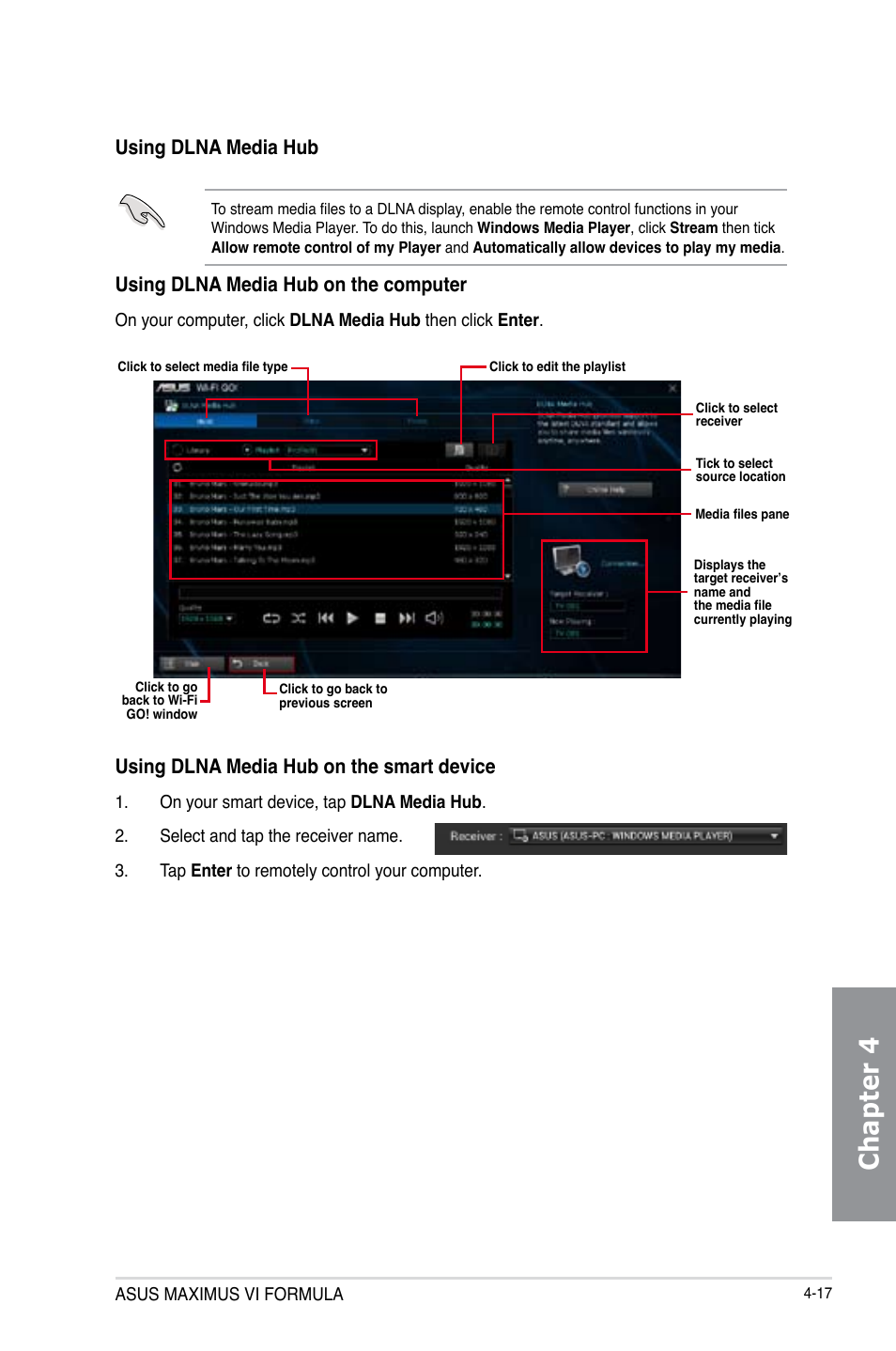 Chapter 4, Using dlna media hub on the computer, Using dlna media hub on the smart device | Using dlna media hub | Asus MAXIMUS VI FORMULA User Manual | Page 169 / 212