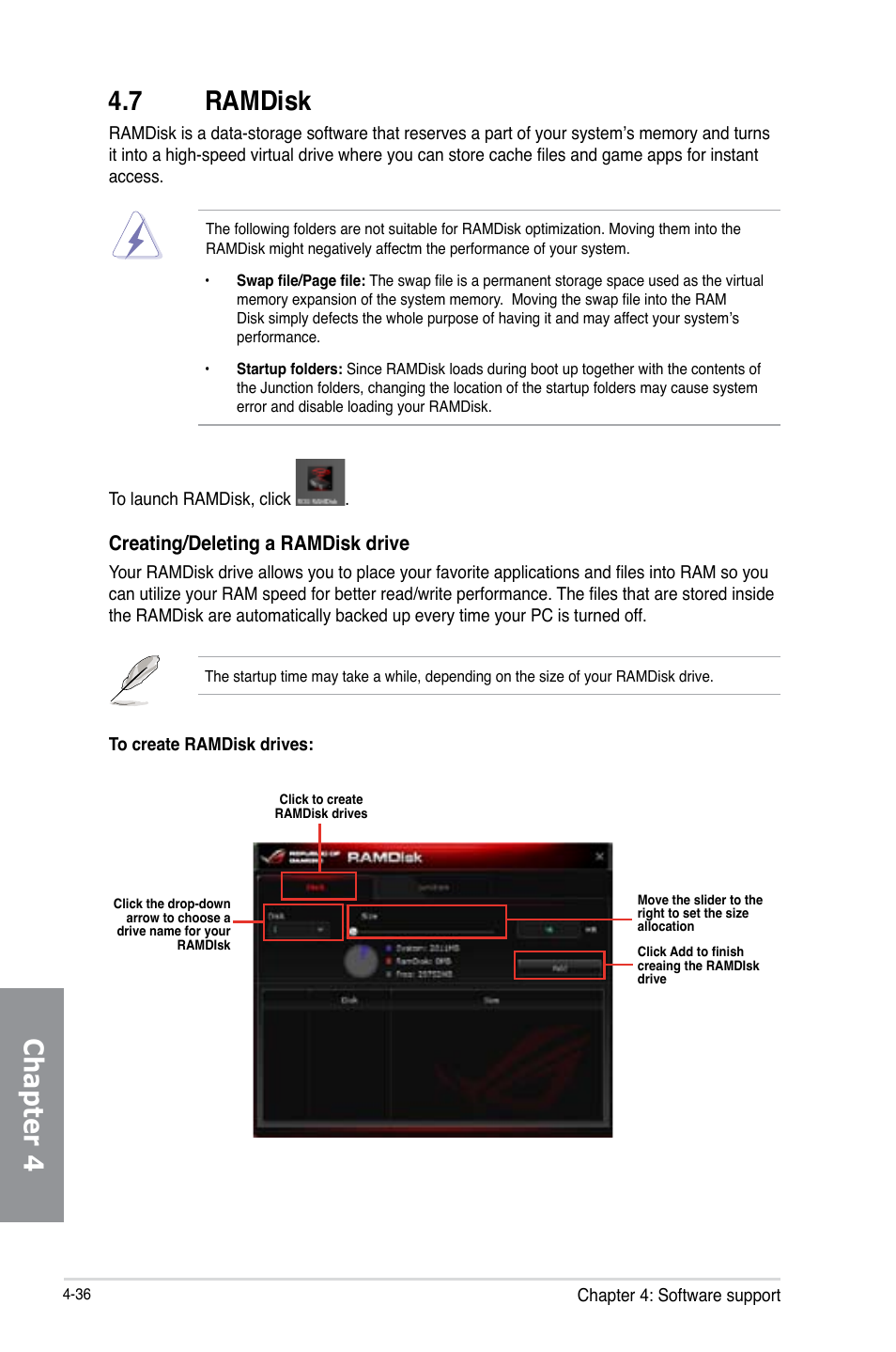 7 ramdisk, Ramdisk -36, Chapter 4 4.7 ramdisk | Creating/deleting a ramdisk drive | Asus MAXIMUS VI FORMULA User Manual | Page 188 / 212