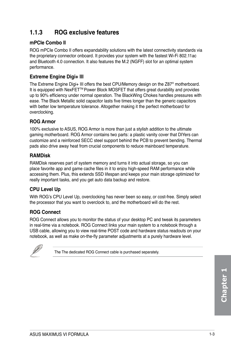 3 rog exclusive features, Rog exclusive features -3, Chapter 1 | Asus MAXIMUS VI FORMULA User Manual | Page 19 / 212