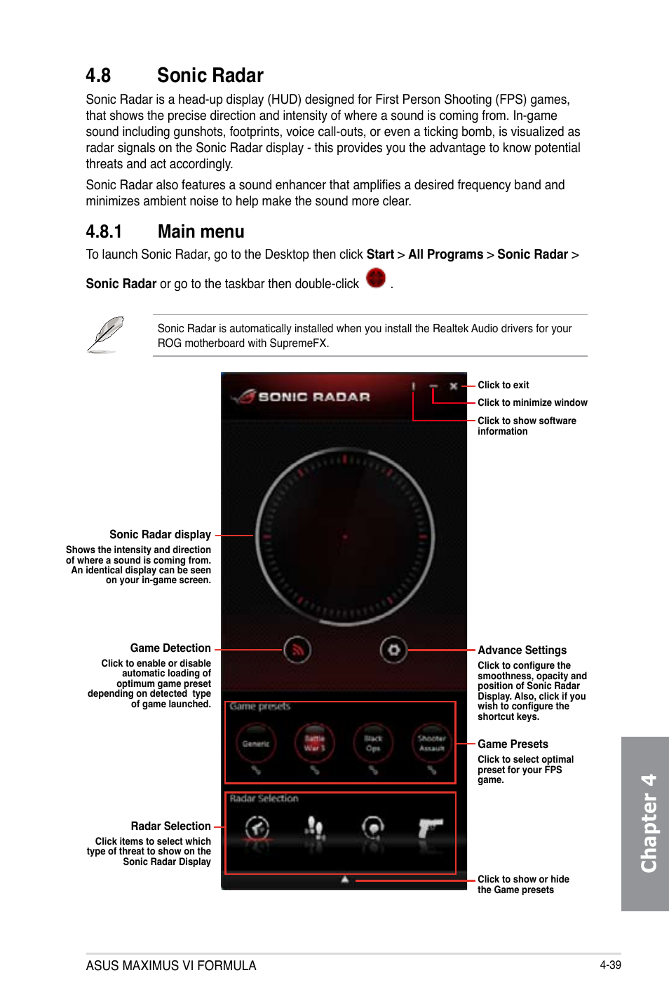 8 sonic radar, 1 main menu, Sonic radar -39 4.8.1 | Main menu -39, Chapter 4 4.8 sonic radar | Asus MAXIMUS VI FORMULA User Manual | Page 191 / 212