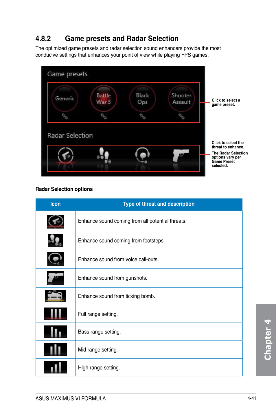 2 game presets and radar selection, Game presets and radar selection -41, Chapter 4 | Asus MAXIMUS VI FORMULA User Manual | Page 193 / 212