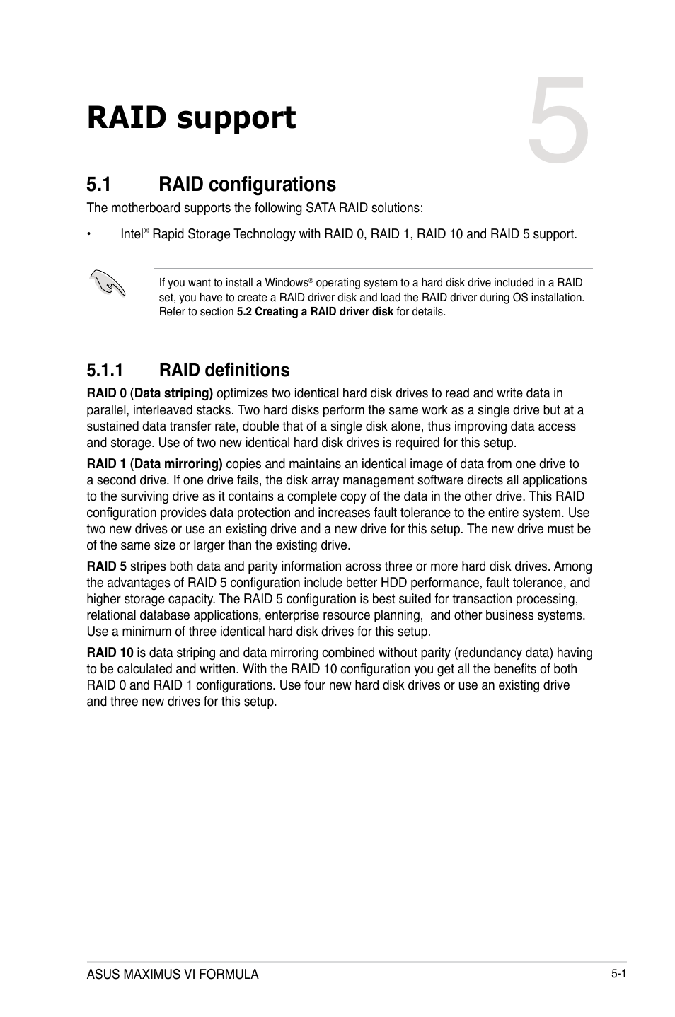 Chapter 5: raid support, 1 raid configurations, 1 raid definitions | Chapter 5, Raid support, Raid configurations -1 5.1.1, Raid definitions -1 | Asus MAXIMUS VI FORMULA User Manual | Page 197 / 212