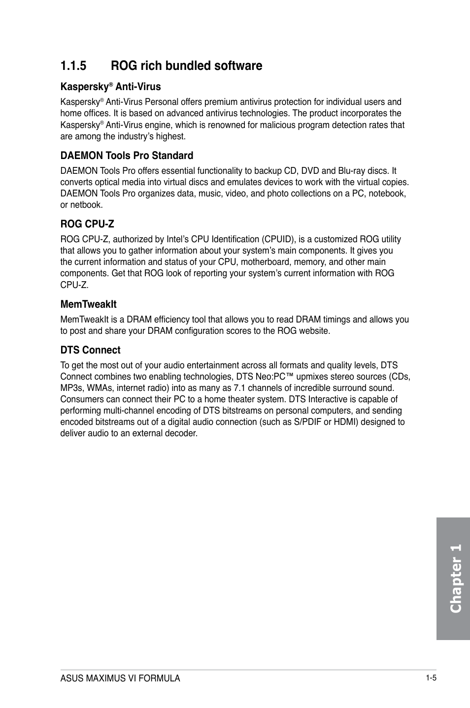 5 rog rich bundled software, Rog rich bundled software -5, Chapter 1 | Asus MAXIMUS VI FORMULA User Manual | Page 21 / 212