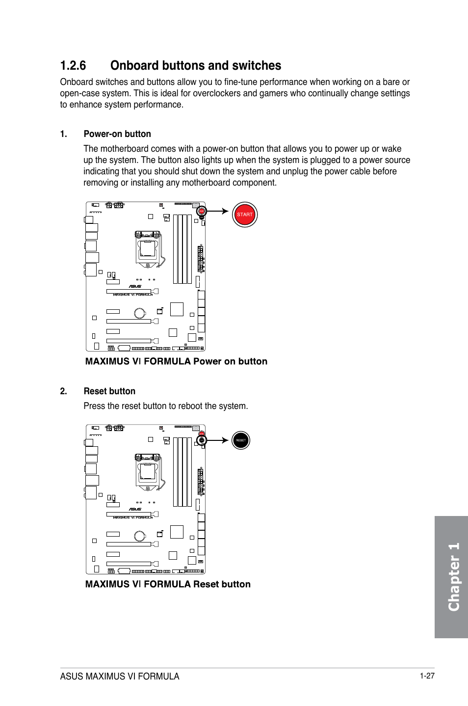 6 onboard buttons and switches, Onboard buttons and switches -27, Chapter 1 | Asus MAXIMUS VI FORMULA User Manual | Page 43 / 212