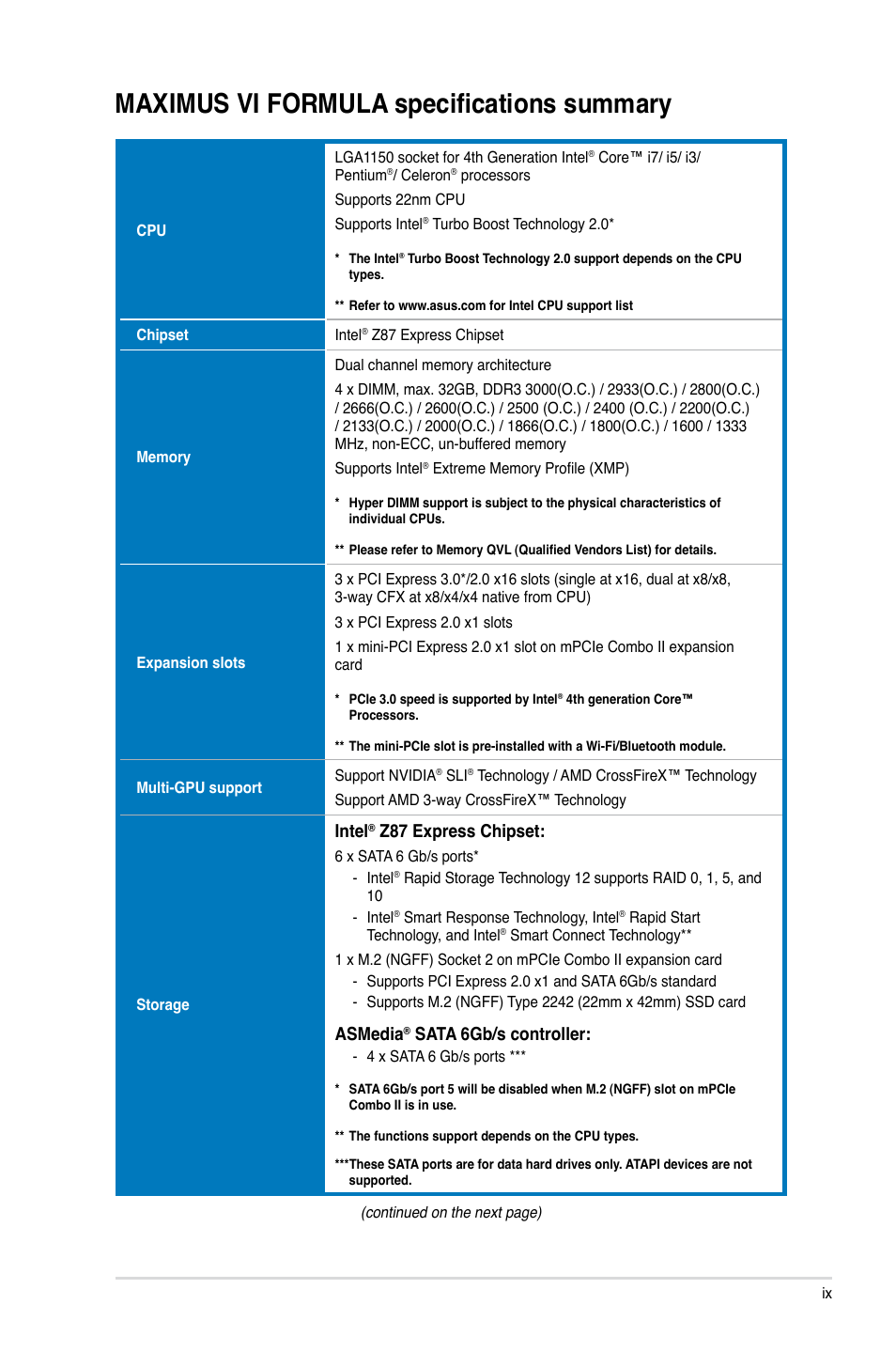 Maximus vi formula specifications summary, Intel, Z87 express chipset | Asmedia, Sata 6gb/s controller | Asus MAXIMUS VI FORMULA User Manual | Page 9 / 212