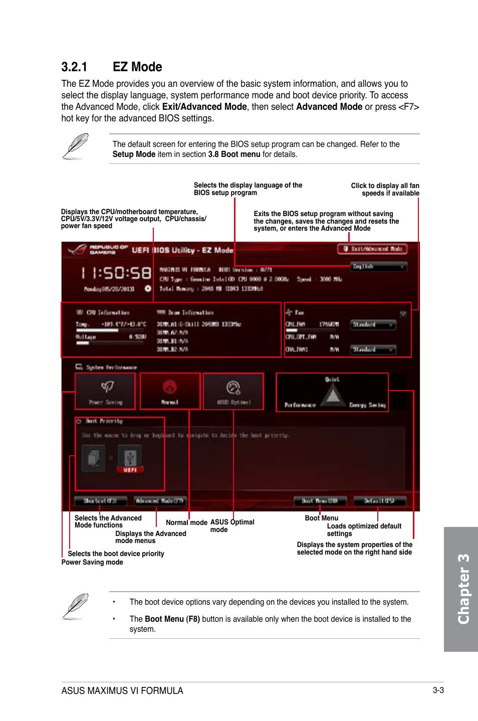 1 ez mode, Ez mode -3, Chapter 3 | Asus MAXIMUS VI FORMULA User Manual | Page 93 / 212