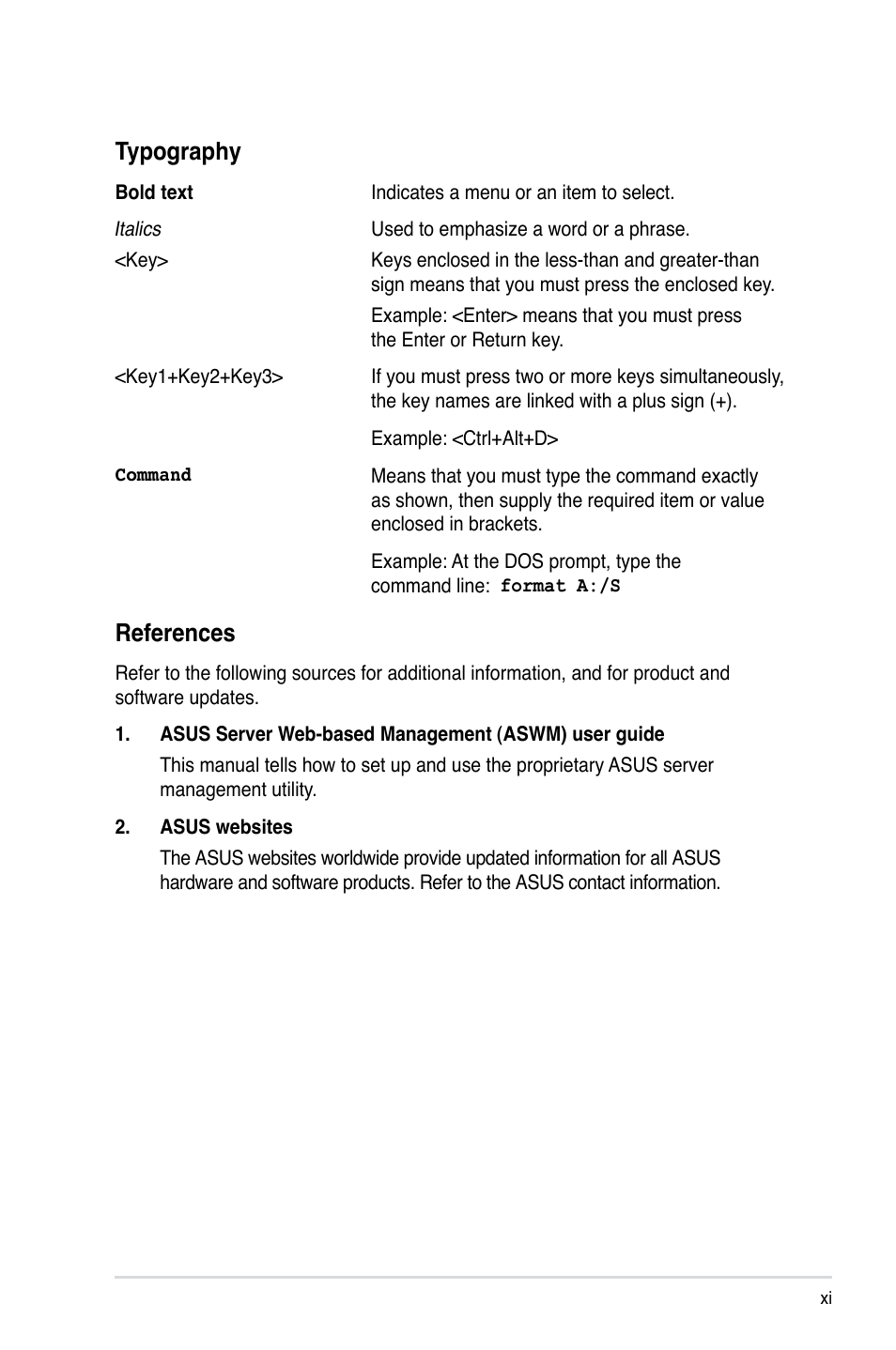 References, Typography | Asus TS100-E7/PI4 User Manual | Page 11 / 136