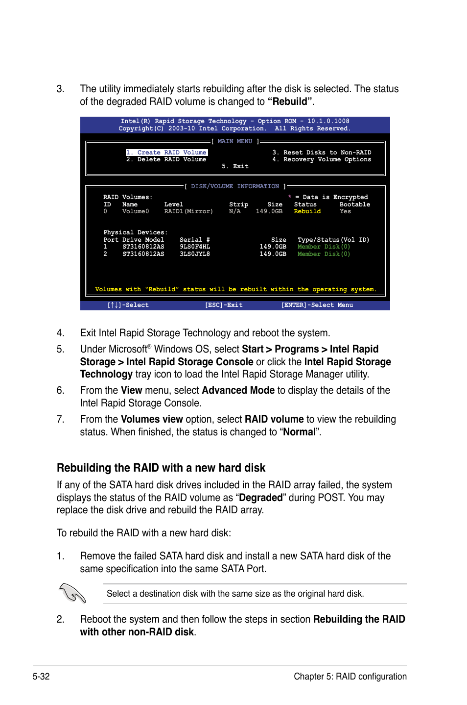 Rebuilding the raid with a new hard disk | Asus TS100-E7/PI4 User Manual | Page 116 / 136