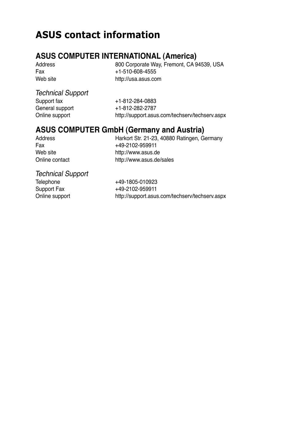 Asus contact information, Asus computer international (america), Asus computer gmbh (germany and austria) | Technical support | Asus TS100-E7/PI4 User Manual | Page 136 / 136