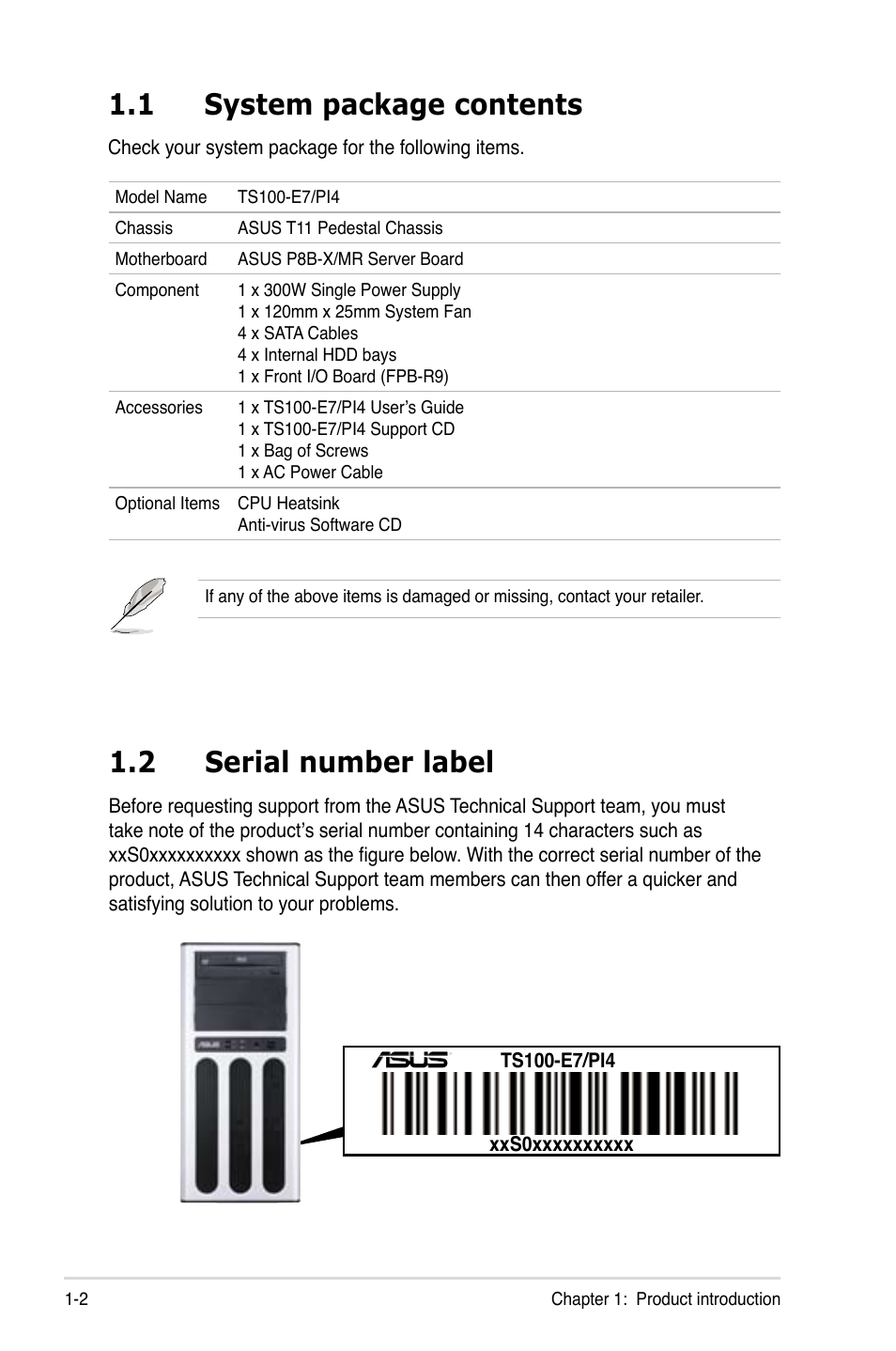 1 system package contents, 2 serial number label | Asus TS100-E7/PI4 User Manual | Page 14 / 136