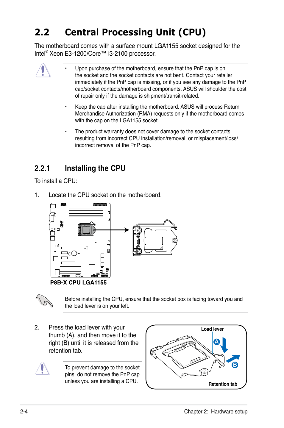2 central processing unit (cpu), 1 installing the cpu | Asus TS100-E7/PI4 User Manual | Page 24 / 136