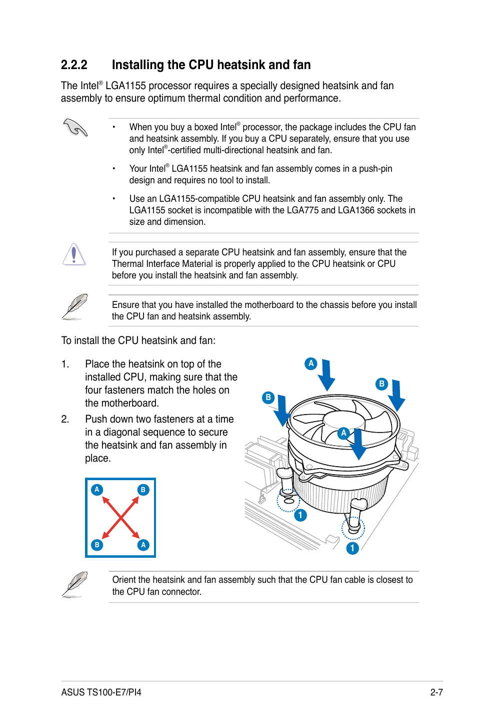 2 installing the cpu heatsink and fan | Asus TS100-E7/PI4 User Manual | Page 27 / 136