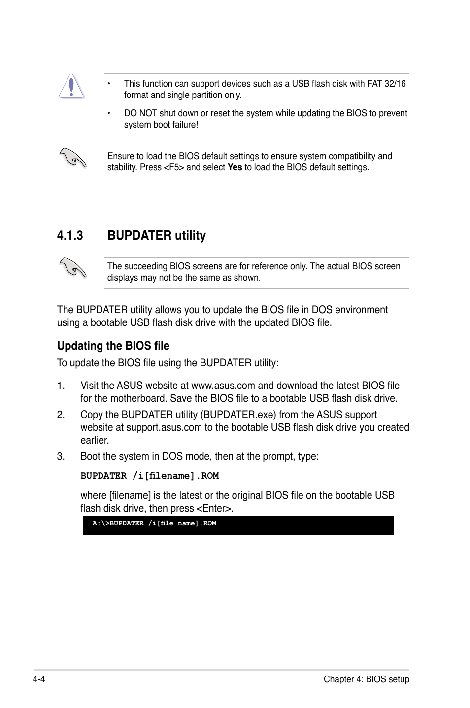 3 bupdater utility, Updating the bios file | Asus TS100-E7/PI4 User Manual | Page 60 / 136