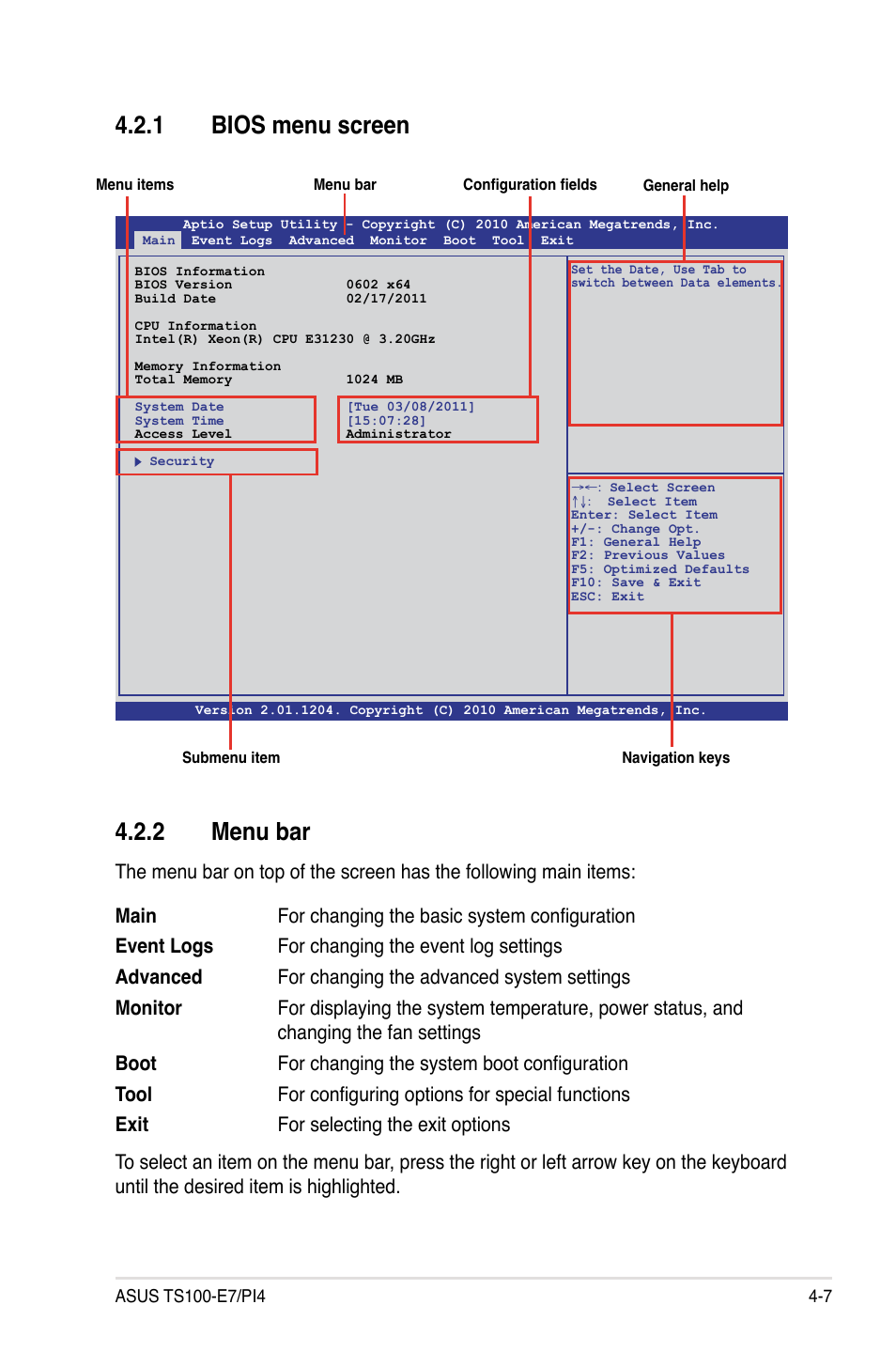 2 menu bar, 1 bios menu screen | Asus TS100-E7/PI4 User Manual | Page 63 / 136