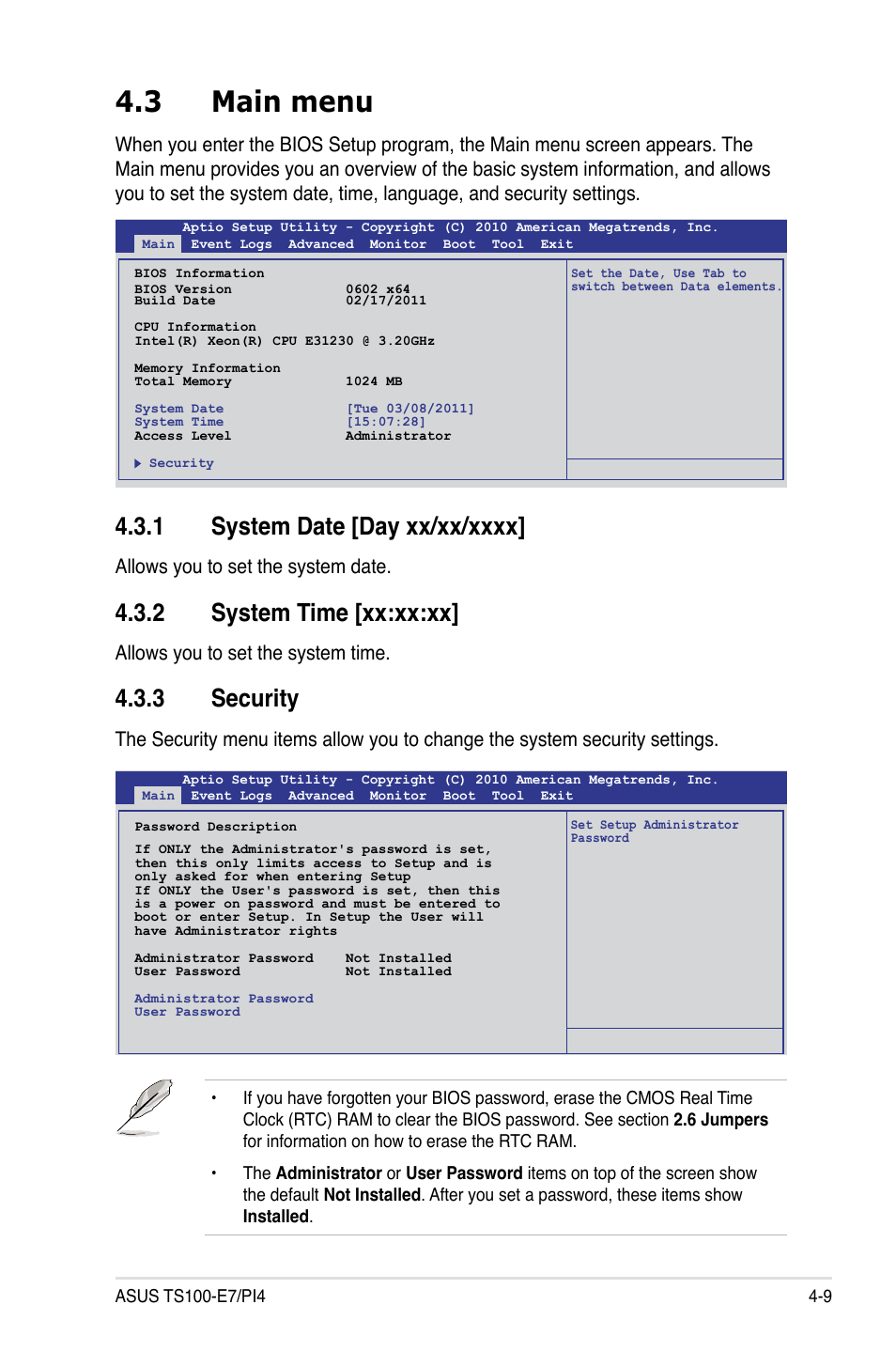 3 main menu, 2 system time [xx:xx:xx, 3 security | Allows you to set the system date, Allows you to set the system time | Asus TS100-E7/PI4 User Manual | Page 65 / 136