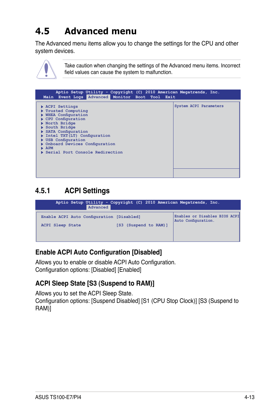 5 advanced menu, 1 acpi settings, Enable acpi auto configuration [disabled | Acpi sleep state [s3 (suspend to ram) | Asus TS100-E7/PI4 User Manual | Page 69 / 136