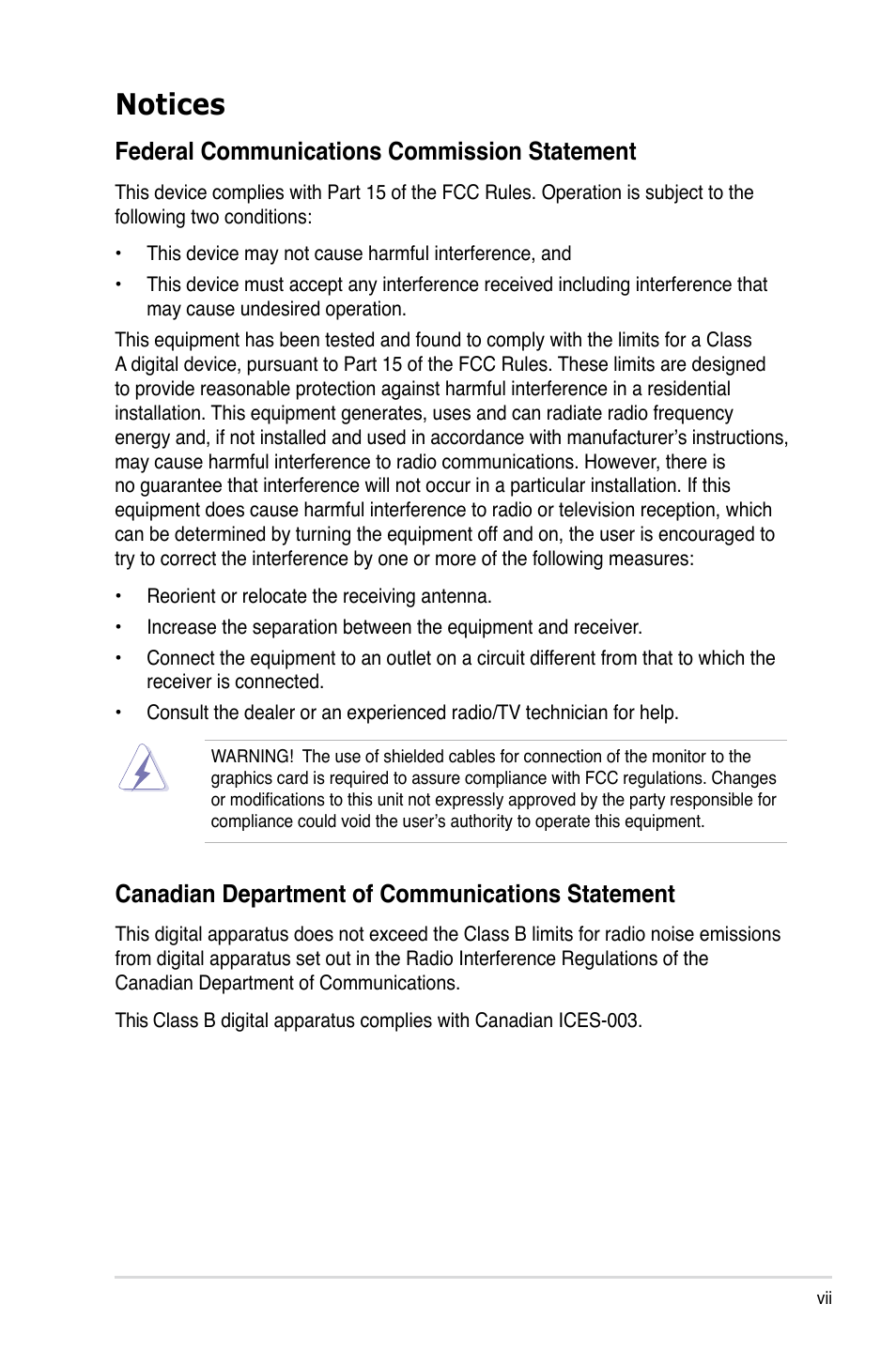 Notices, Federal communications commission statement, Canadian department of communications statement | Asus TS100-E7/PI4 User Manual | Page 7 / 136