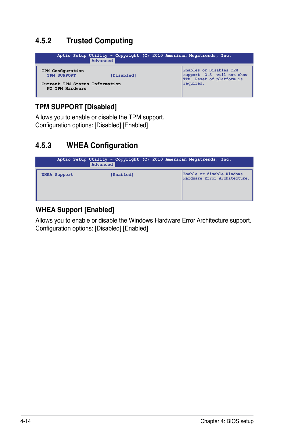 2 trusted computing, 3 whea configuration, Tpm support [disabled | Whea support [enabled | Asus TS100-E7/PI4 User Manual | Page 70 / 136