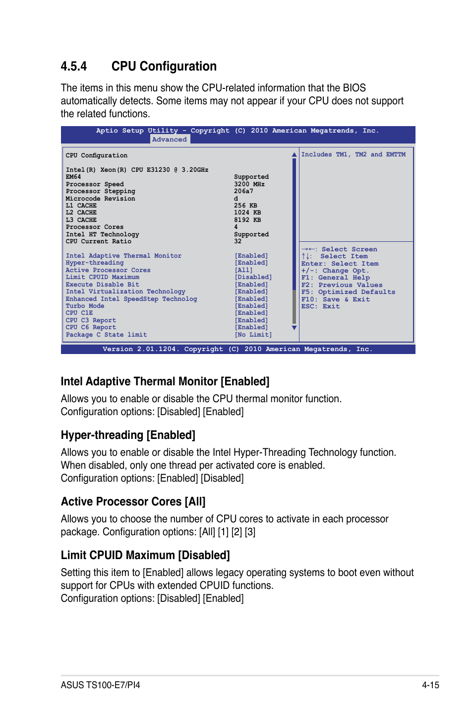 4 cpu configuration, Intel adaptive thermal monitor [enabled, Hyper-threading [enabled | Active processor cores [all, Limit cpuid maximum [disabled | Asus TS100-E7/PI4 User Manual | Page 71 / 136