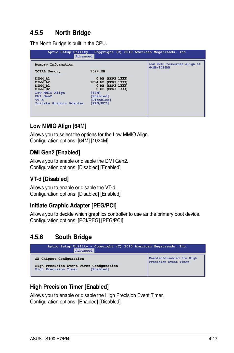 5 north bridge, 6 south bridge, Low mmio align [64m | Dmi gen2 [enabled, Vt-d [disabled, Initiate graphic adapter [peg/pci, High precision timer [enabled | Asus TS100-E7/PI4 User Manual | Page 73 / 136