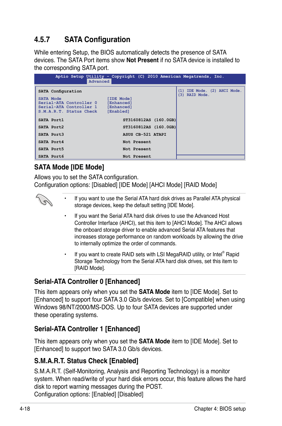 7 sata configuration, Sata mode [ide mode, Serial-ata controller 0 [enhanced | Serial-ata controller 1 [enhanced, S.m.a.r.t. status check [enabled | Asus TS100-E7/PI4 User Manual | Page 74 / 136