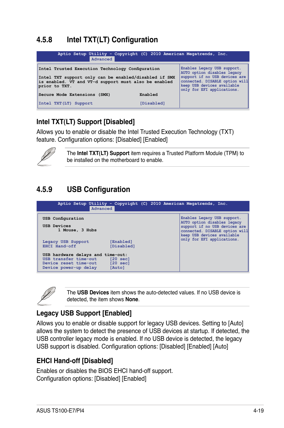 9 usb configuration, 8 intel txt(lt) configuration, Legacy usb support [enabled | Ehci hand-off [disabled, Intel txt(lt) support [disabled | Asus TS100-E7/PI4 User Manual | Page 75 / 136