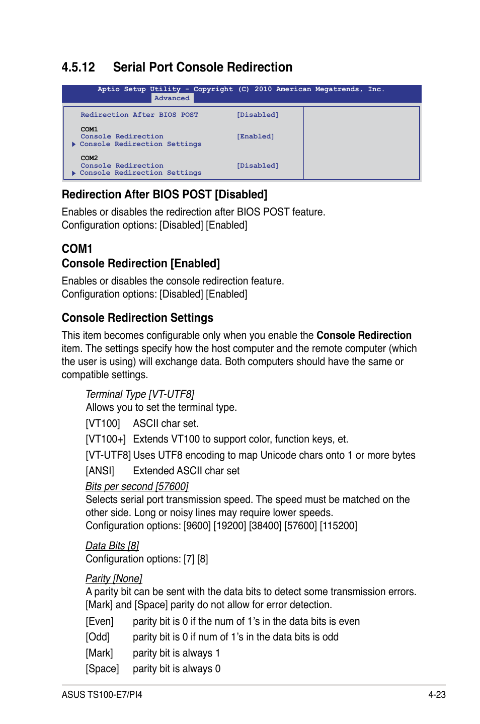 12 serial port console redirection, Redirection after bios post [disabled, Com1 console redirection [enabled | Console redirection settings | Asus TS100-E7/PI4 User Manual | Page 79 / 136