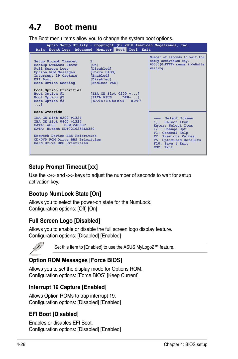 7 boot menu, Setup prompt timeout [xx, Bootup numlock state [on | Full screen logo [disabled, Option rom messages [force bios, Interrupt 19 capture [enabled, Efi boot [disabled | Asus TS100-E7/PI4 User Manual | Page 82 / 136