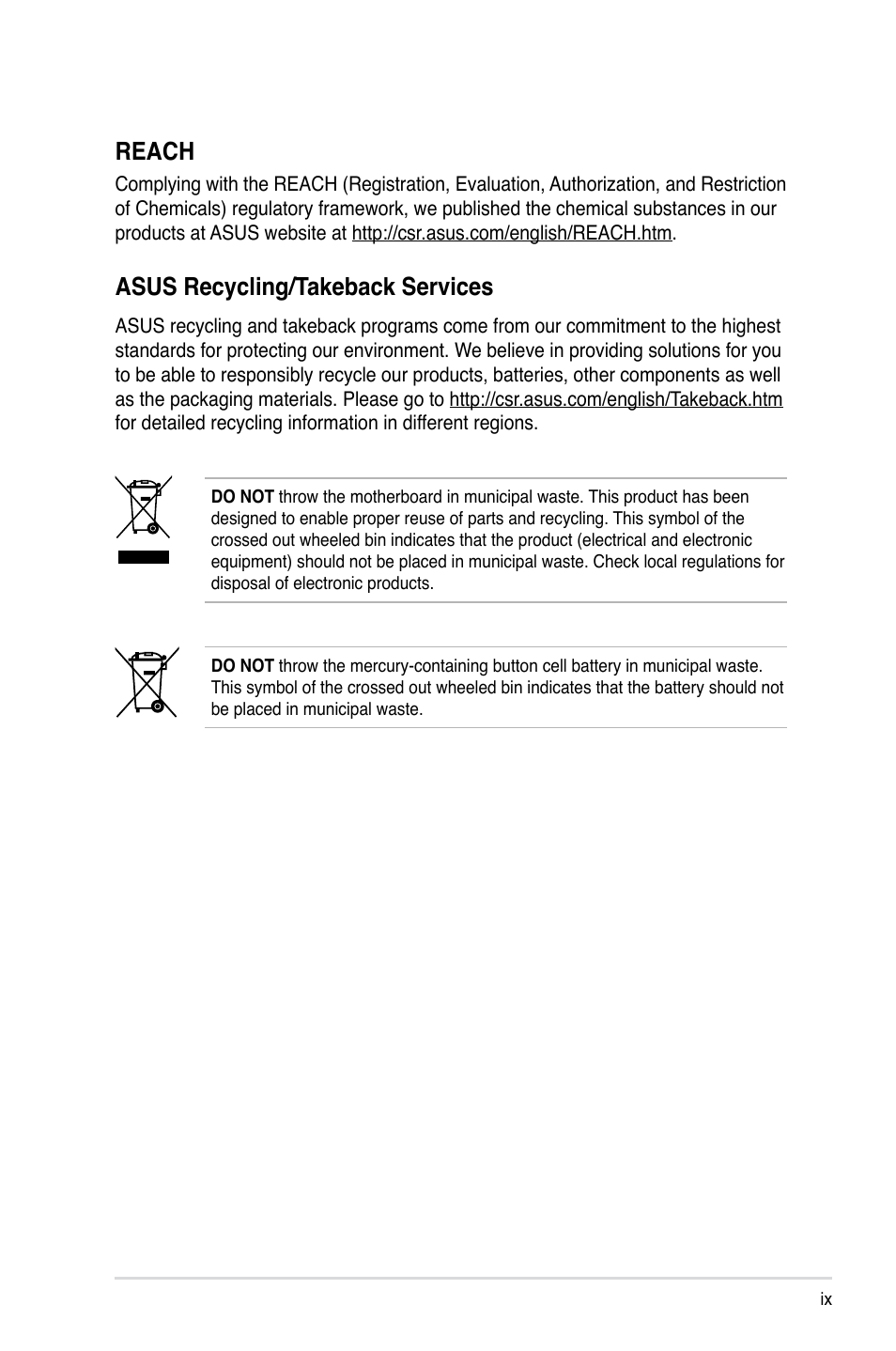 Reach, Asus recycling/takeback services | Asus TS100-E7/PI4 User Manual | Page 9 / 136