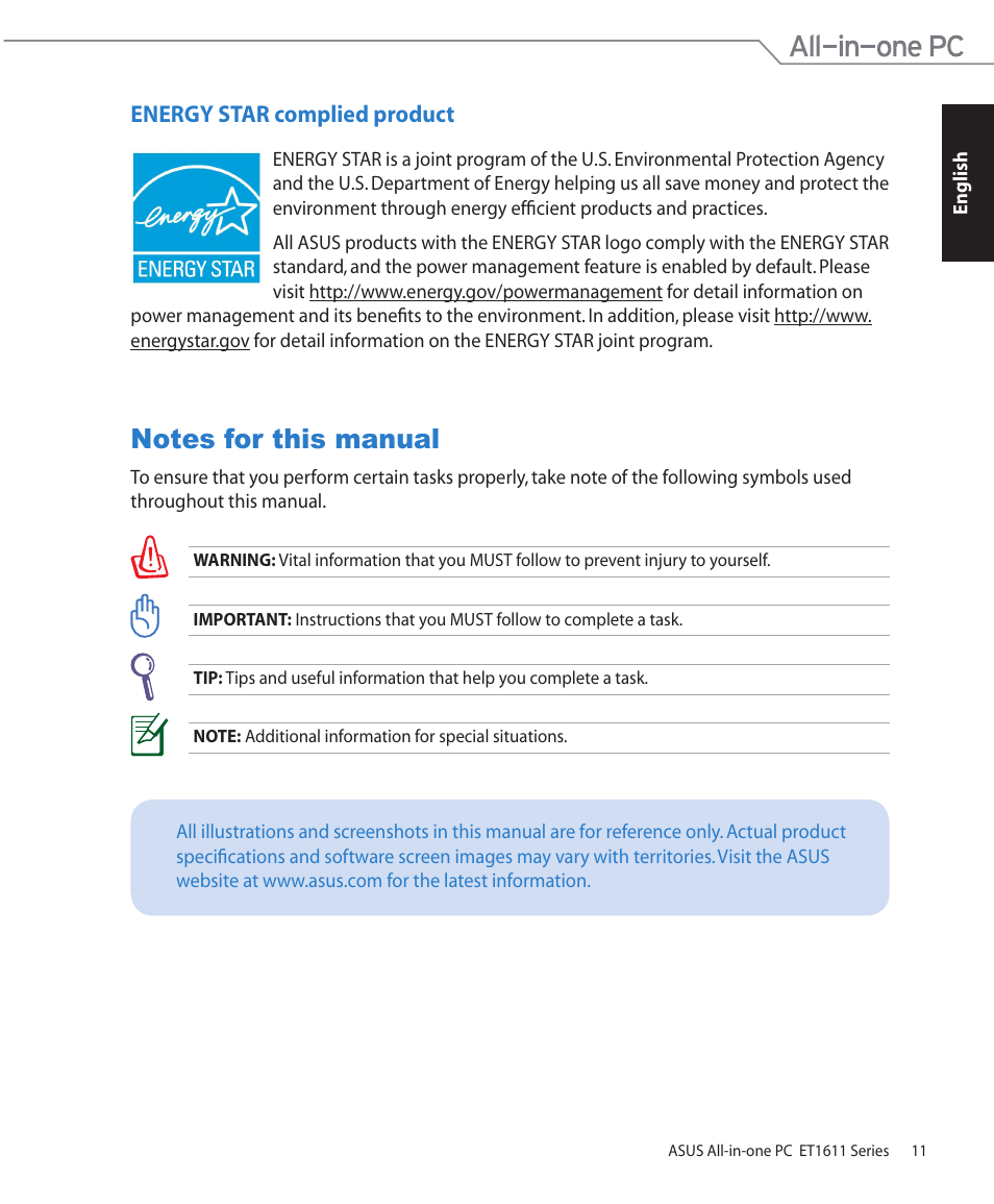 Energy star complied product, Notes for this manual | Asus ET1611PUT User Manual | Page 11 / 38