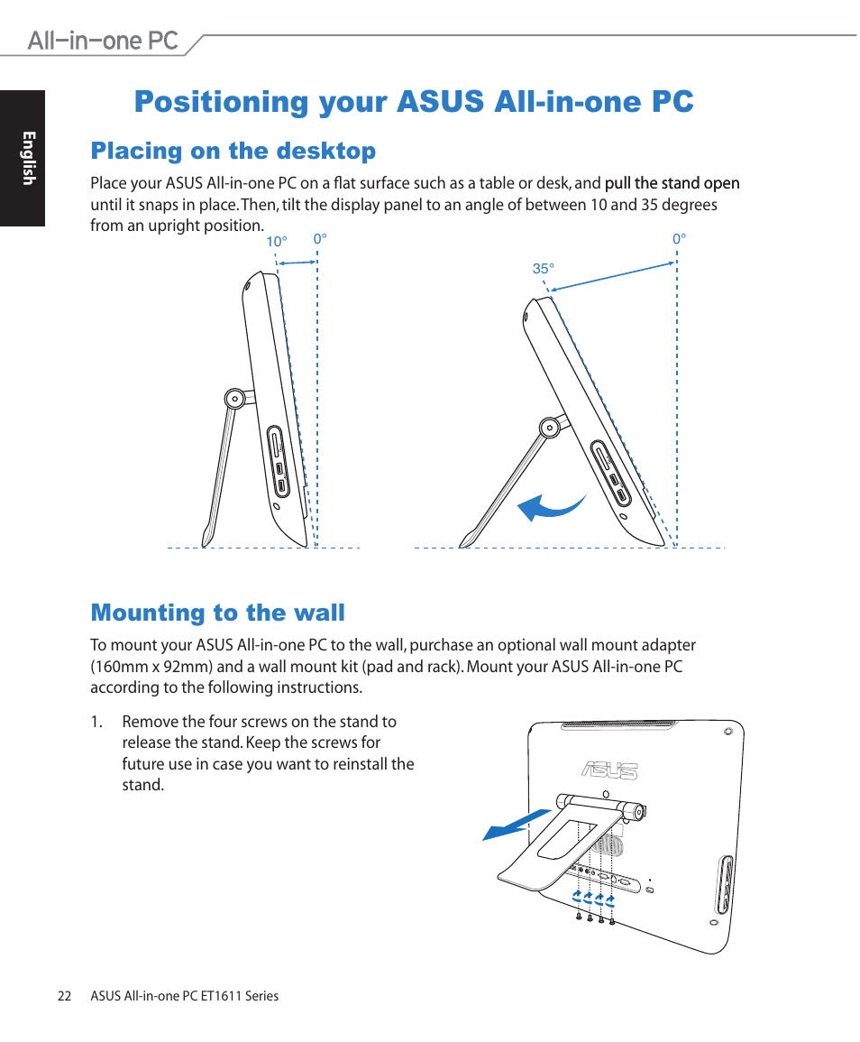 Positioning your asus all-in-one pc, Placing on the desktop, Mounting to the wall | Placing on the desktop mounting to the wall | Asus ET1611PUT User Manual | Page 22 / 38