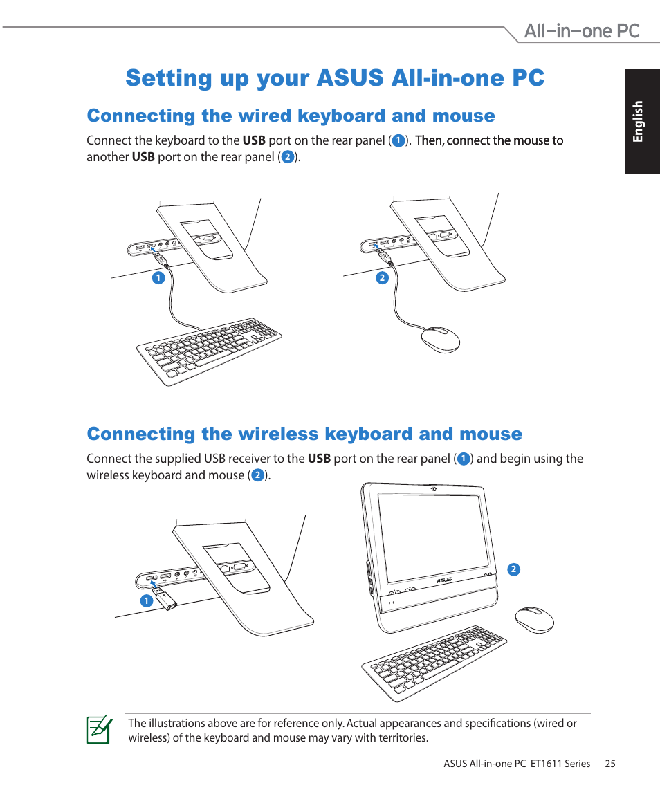 Setting up your asus all-in-one pc, Connecting the wired keyboard and mouse, Connecting the wireless keyboard and mouse | Asus ET1611PUT User Manual | Page 25 / 38