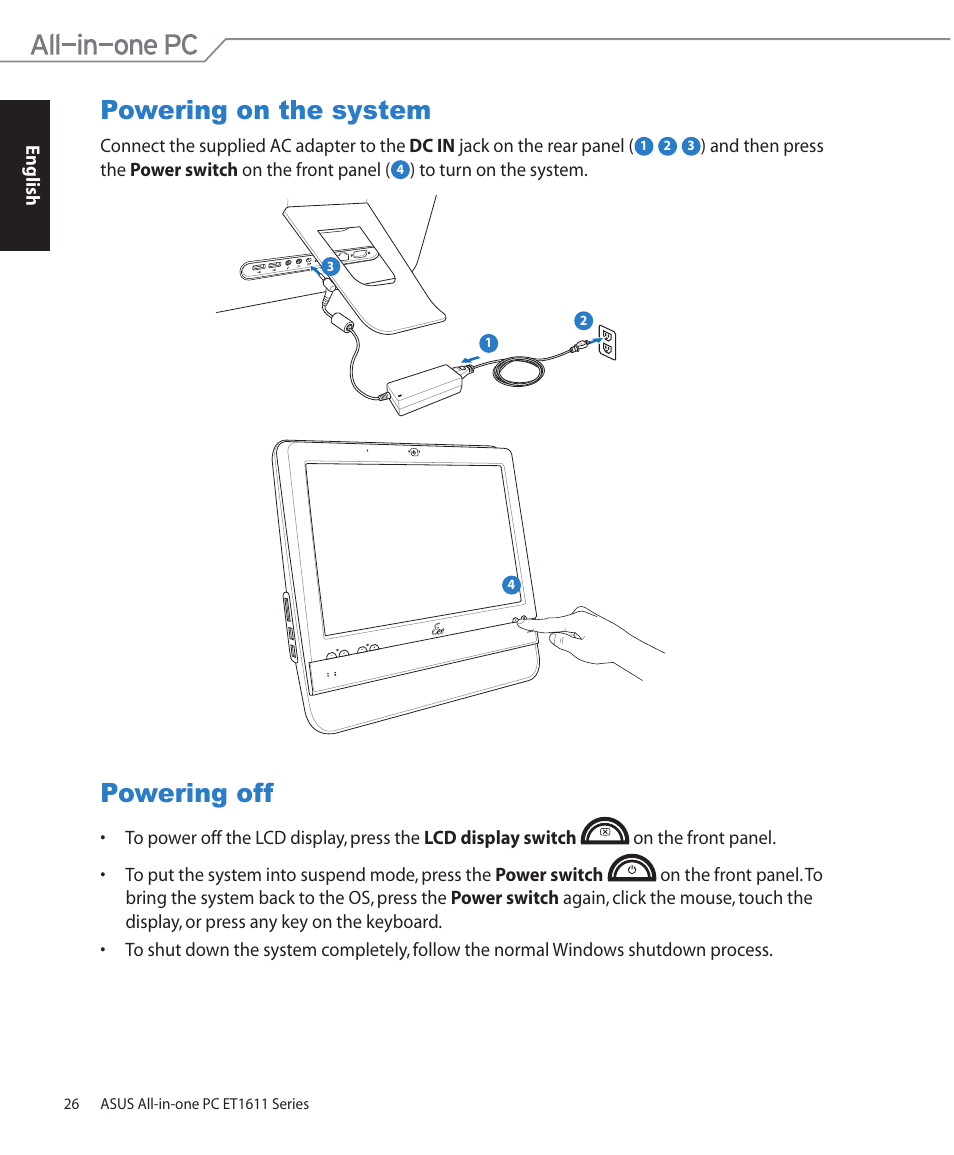 Powering on the system, Powering off, Powering on the system powering off | Asus ET1611PUT User Manual | Page 26 / 38